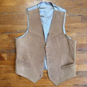 Vintage Suede Leather Vest Medium Nubuck Tan 40R Western 5 Button Nylon Back
